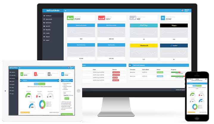 Bulk Email Verification Dashboard showing verification results with pass, fail, and unknown statuses